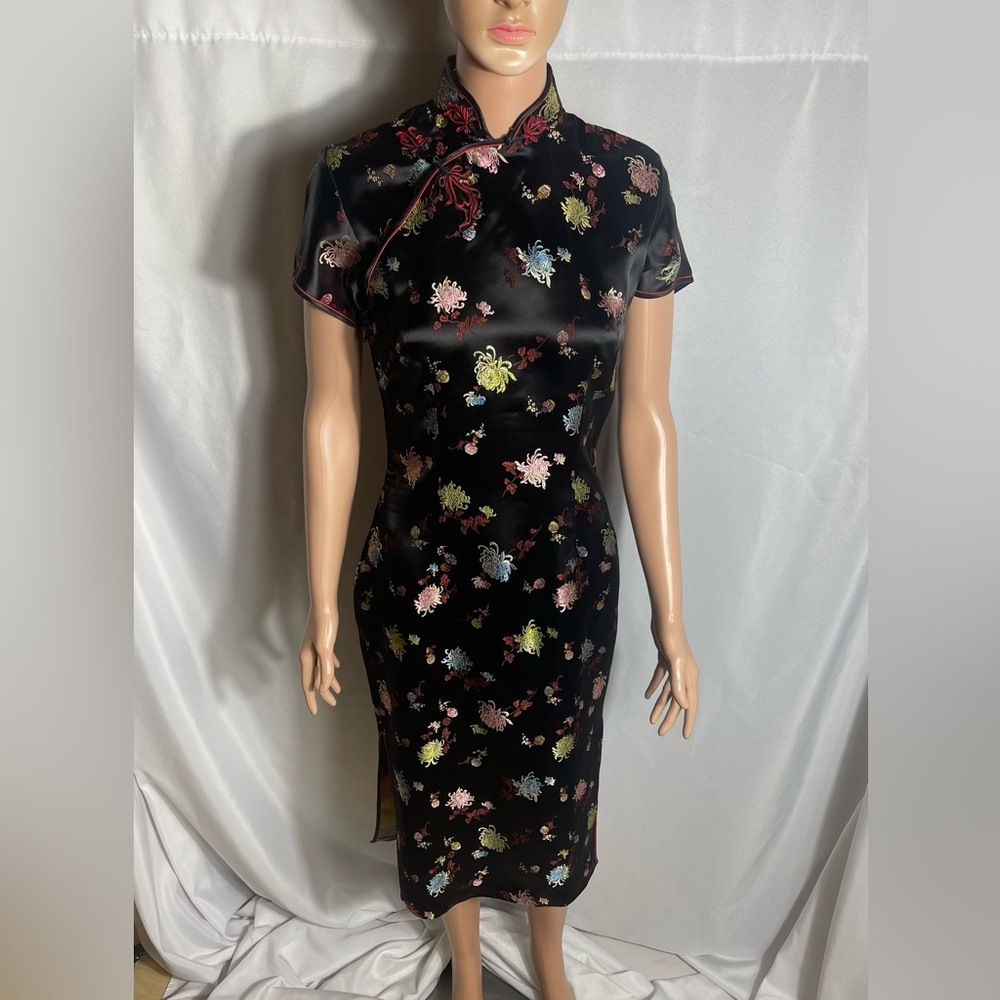 Squirrel Hangzhou China Black Floral Cheongsam Dress 100% Rayon Sz 34x17